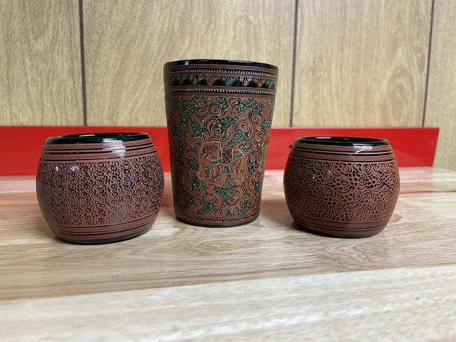 SET OF 3 Burmese Lacquer Tea Cups Hand Painted Lacquerware Asian Myanmar 2