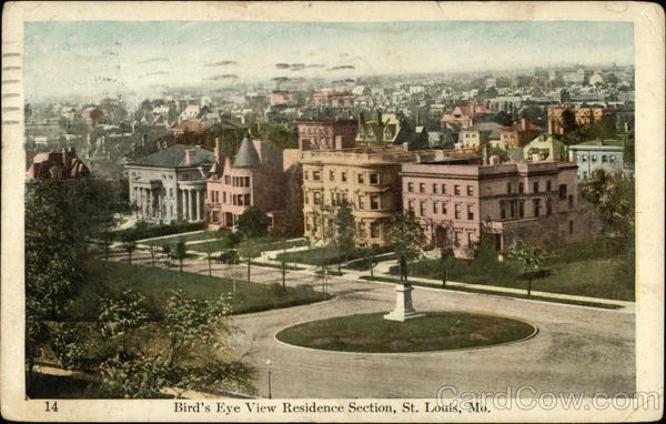 1908 St. Louis,MO Bird's Eye View Residence Section Missouri Postcard 1c stamp