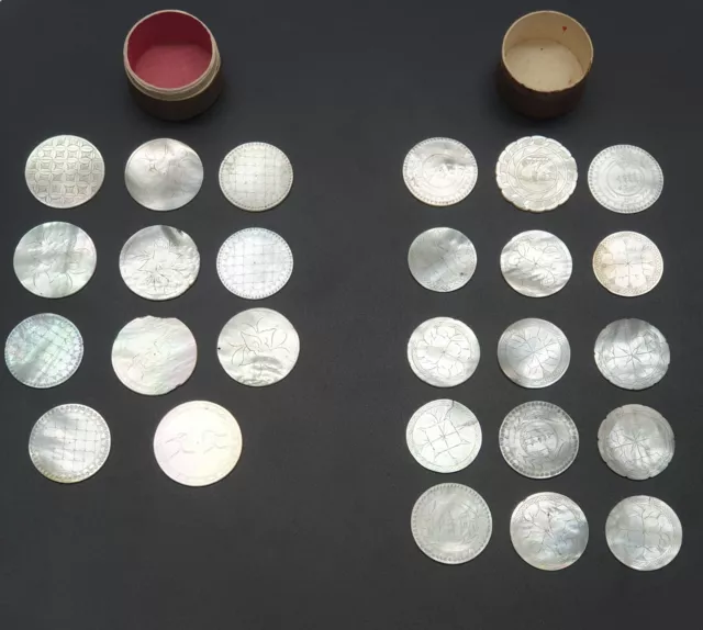 Set of 26 Antique Chinese Mother Of Pearl Round Gaming Counters