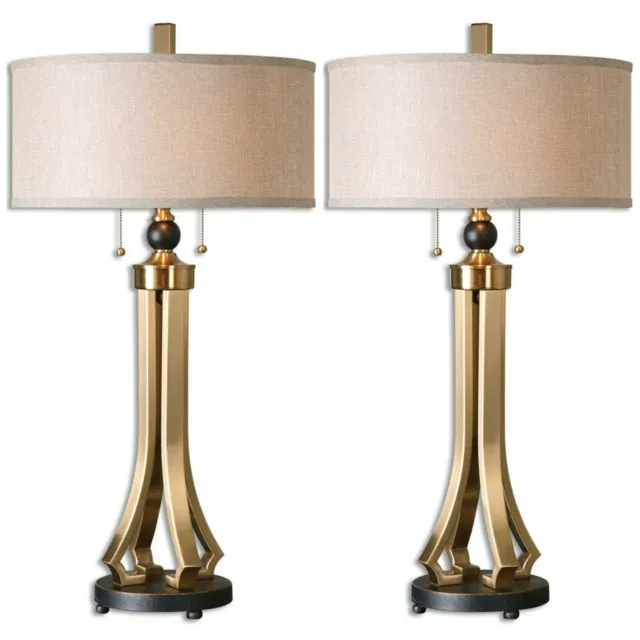 Pair Selvino Modern Xxl 33" Brushed Brass Plate Metal Table Lamp Uttermost 26631