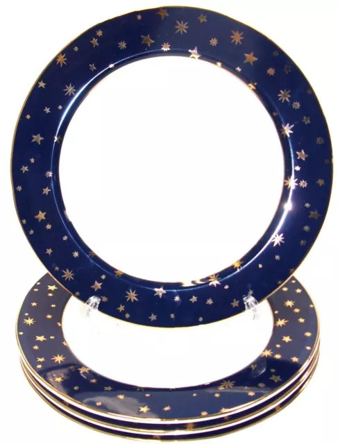 Set of 4 ~ Galaxy by Sakura  Navy Blue 10.5" Dinner Plates w/ 14-K Gold Stars