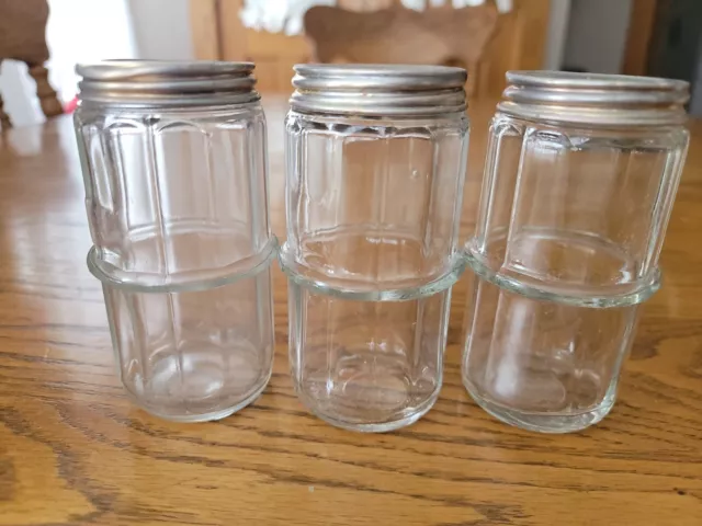 3 Vintage Hoosier Cabinet Clear Ribbed Glass Spice Jars Aluminum Lids
