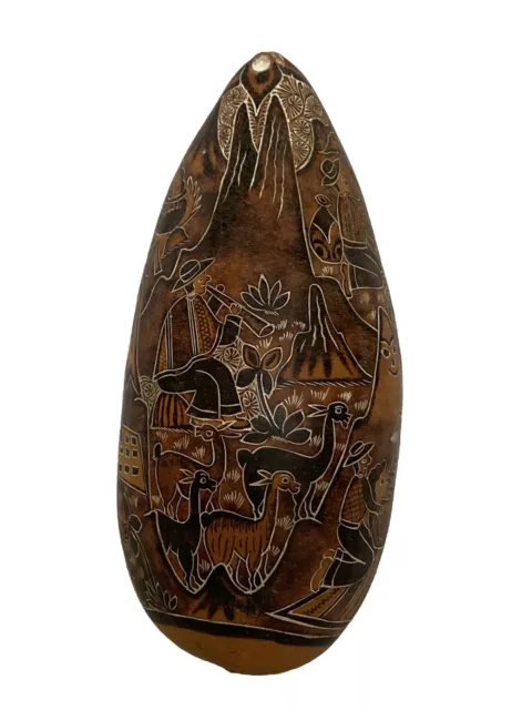 Vintage Peruvian Hand Carved Gourd Beautiful Scenery 3