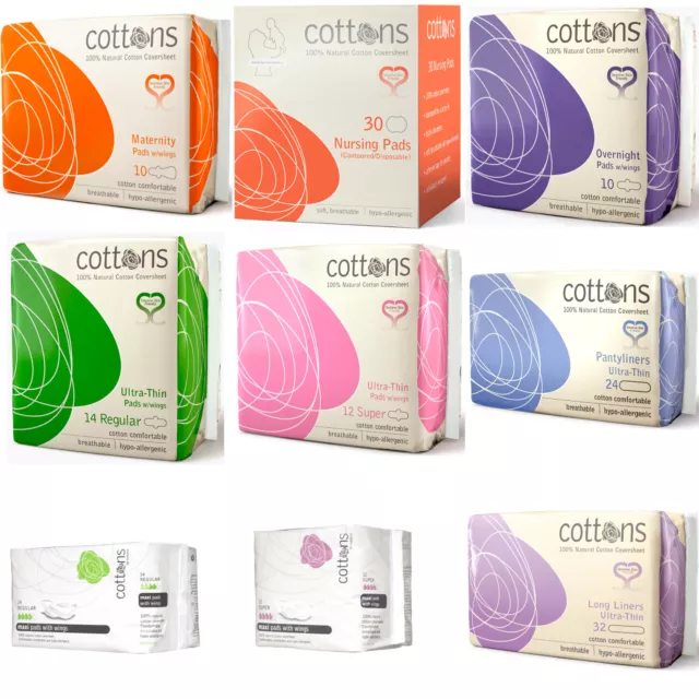 Cottons 100% Cotton Sanitary Pads with Wings Hypo-allergenic Sensitive Natural