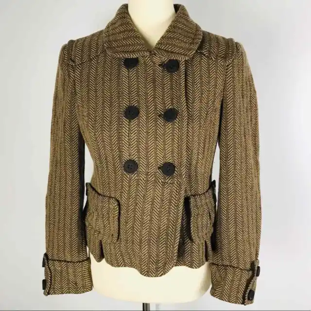 Philosophy di Alberta Ferretti Wool Brown Herringbone Pea Coat Jacket Women's 6