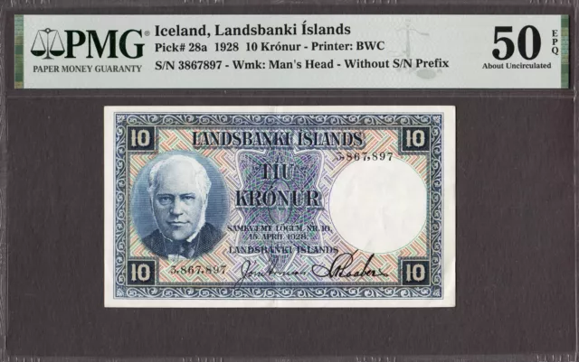 Iceland 10 Kronur 1928 Rare Signature Pick-28a About UNC PMG 50 EPQ
