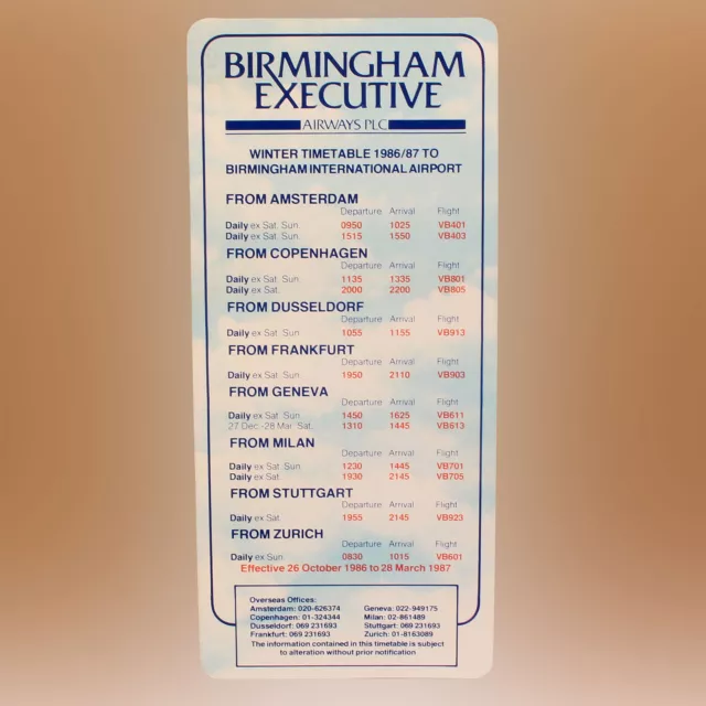 Birmingham Executive Airways - Fluglinie Flugplan - Winter 1986/1987