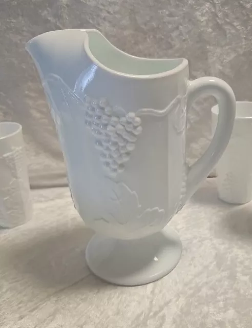 Indiana Milk Glass Pitcher 6 Tumblers, With Plates Vintage Colony Harvest Grape 3