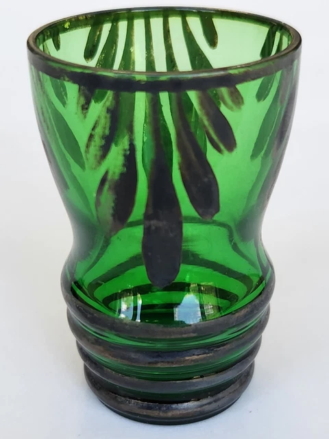Vintage Toothpick Holder Glass Green Hand Painted Early 20th Century
