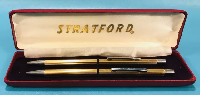 Vintage Stratford Pen & Pencil Set Gold Tone Original Red Case