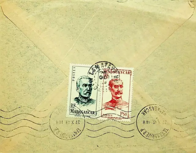 FRANCE MADAGASCAR 1949 2v FAMOUS PEOPLE ON AIRMAIL COVER, TAMATAVE TO MARSEILLE