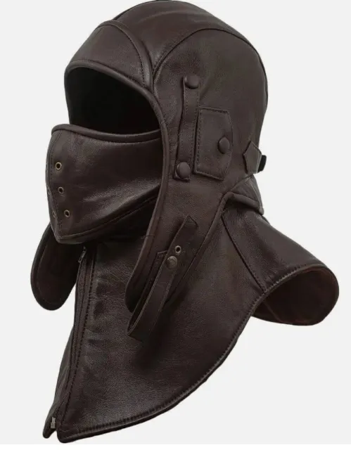 Real Brown Leather Aviator Cap with Collar and face cover - Tactical Hood