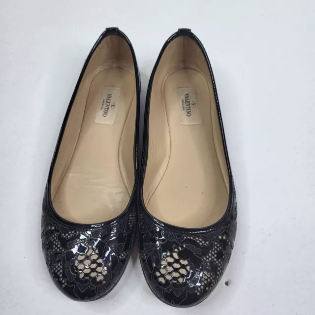 Valentino women's Flat Ballerina Black Patent Leather Laser Cut 36.5 US 6.5