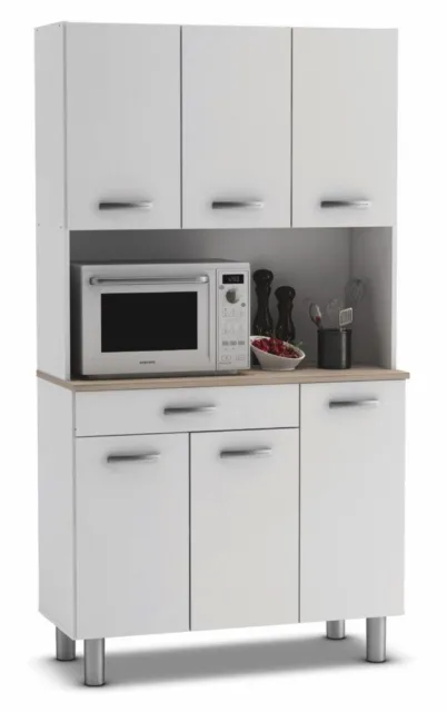 Armario alto aparador de cocina 6 puertas blanco y estante roble. 185x101cm