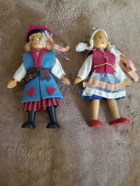 Vintage Polish Wooden Wood Peg 7" Dolls Made Poland Jointed Lot of 2 Boy & Girl