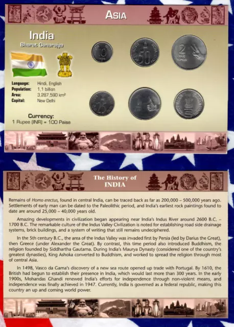 Littleton World Coin Set India w/card 6 coin UNC 1988-2007 10 Paise 1988