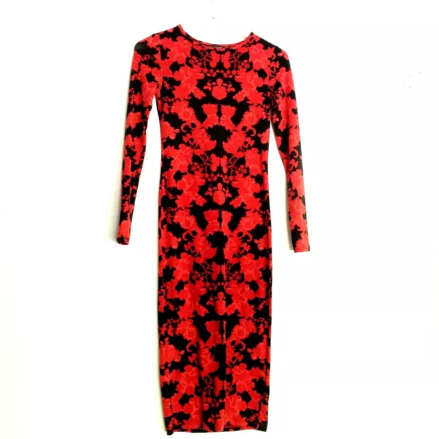 TOPSHOP Women's Dress Floral Pattern Red Bodycon Long Sleeves Stretchy 8 UK