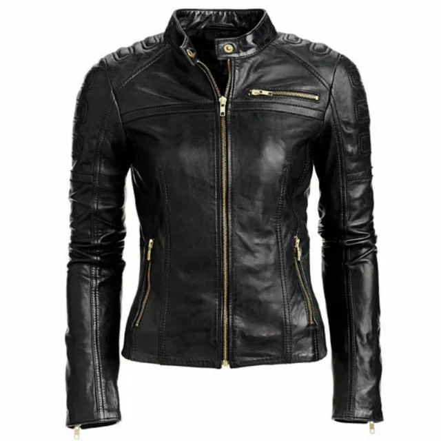 New Women Ladies Jacket Biker Black Moto Slim Fit lambskin Leather Jacket Black