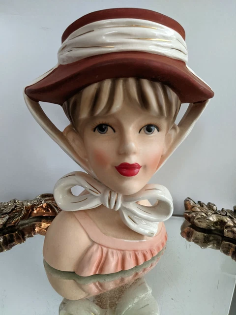 Vintage  RELPO Lady Head Vase-Model #K 1783 Burgundy Hat Dress Japan 7.25"