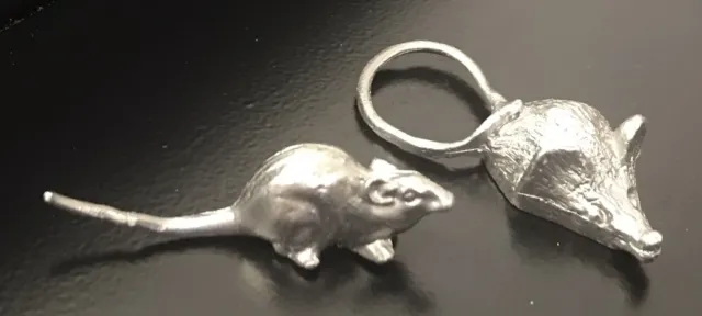 2 Tiny Miniature Pewter Mice Mouse Rat Ratatouille Silver Metal Figurines