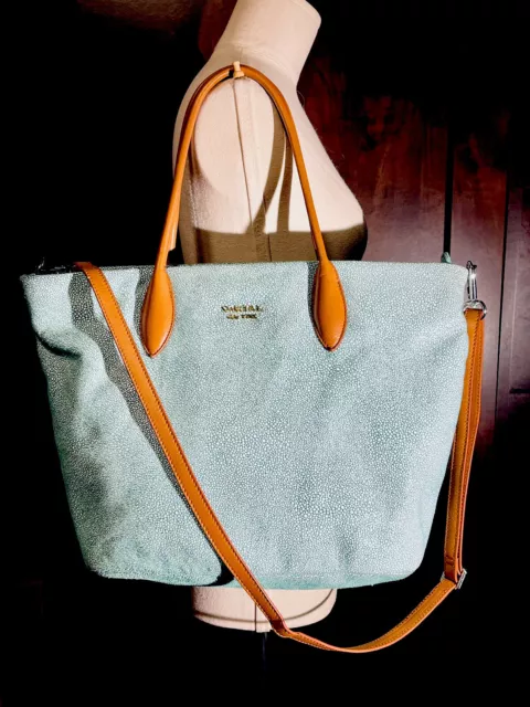 Sorial NY Light Teal Green Embossed Suede Tote Bag Brown Leather Crossbody Strap