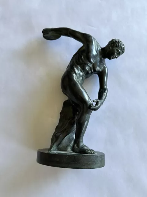 Antique Bronze Figure Grand Tour Discus Thrower Ancient Greek Verdigris 10" Ols