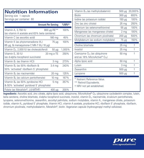 PURE ENCAPSULATIONS O.N.E. Multivitamin 60 Caps Vitamin A,B1,B2,B3,B5