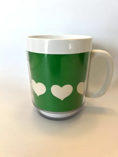 Vintage Thermo Serv  Plastic Mug Green With White Hearts Thermoserv Made In USA