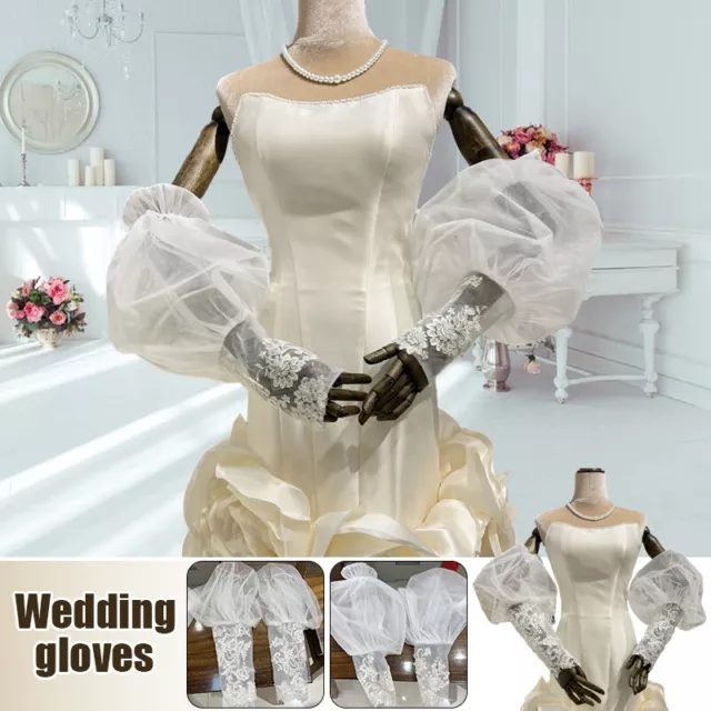 Women Detached Fake Puff Sleeves Fingerless Glove Mesh Lace Bridal Bubble Sleeve