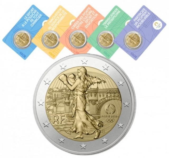 5 X COINCARD 2 euro Francia 2023 Olimpiadi di Parigi 2024 Olympic Paris