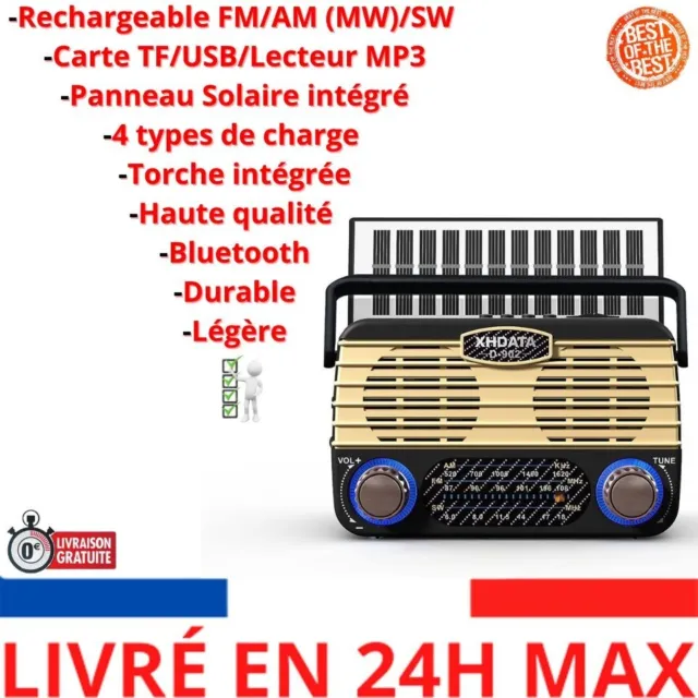 XHDATA D902 Radio Vintage Portable Rechargeable FM/AM (MW) / SW Solaire Radio Po