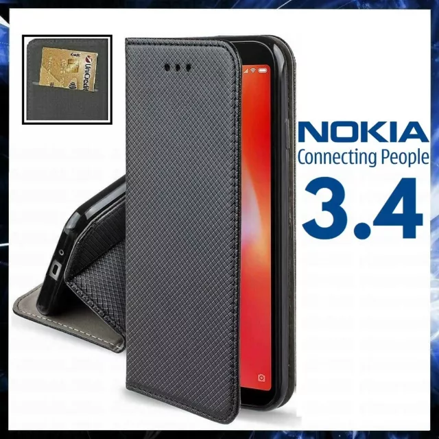 CUSTODIA A PORTAFOGLIO LIBRO per NOKIA 3.4 COVER FLIP MAGNETICA IN PELLE NERA