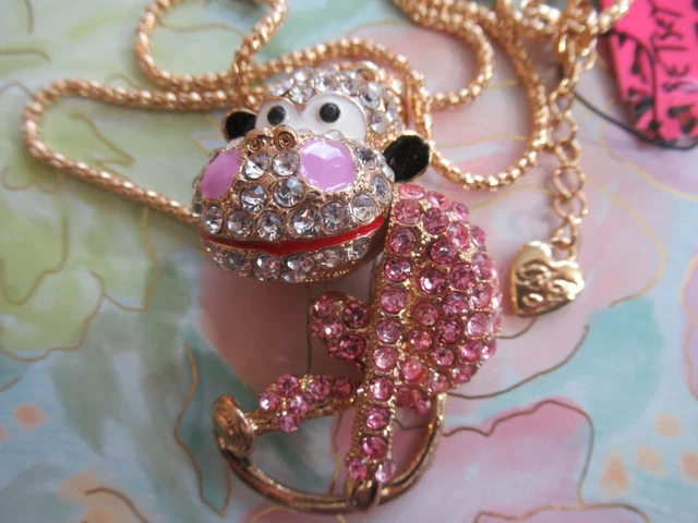 Betsey Johnson Cute Pink Monkey Crystals Pendant Necklace Chain Nwt
