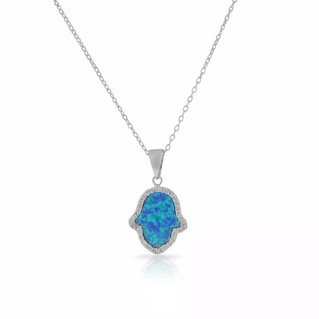 Sterling Silver Green Blue Simulated Opal CZ Hamsa Good Luck Pendant Necklace