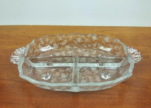 Vintage Fostoria Chintz 3 Part Glass Footed Relish Dish Handled Etched Crystal