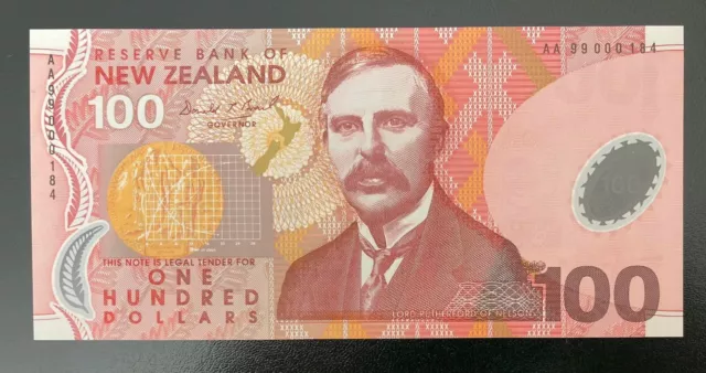 1999 New Zealand Rare 100 Dollars ( Very Low Serie: AA99 000184 )  ** UNC **