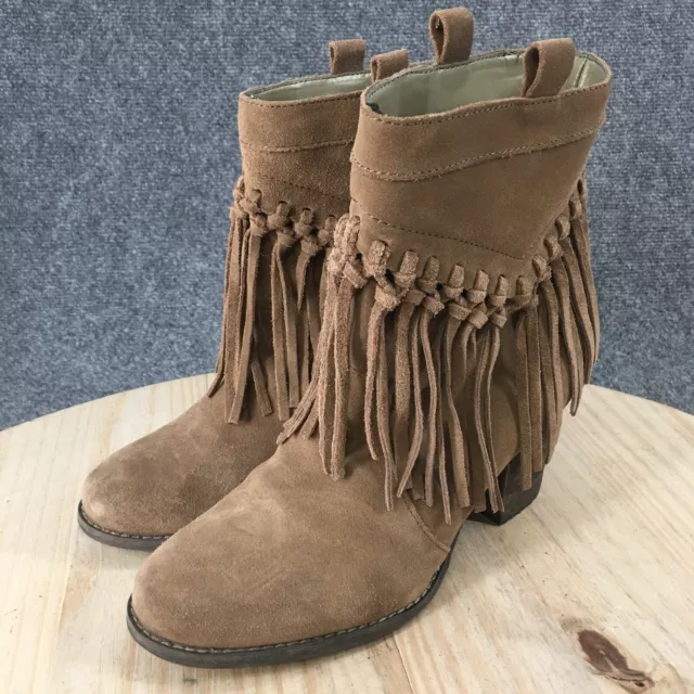 Sbicca Boots Womens 8 Sound Fringe Ankle Booties Brown Leather Pull On Heels 3