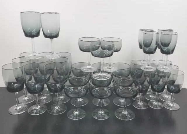 36 Pc Gorham Midnight Mist Smoke Platinum Trim Goblets Champagne Wine Glass Lot