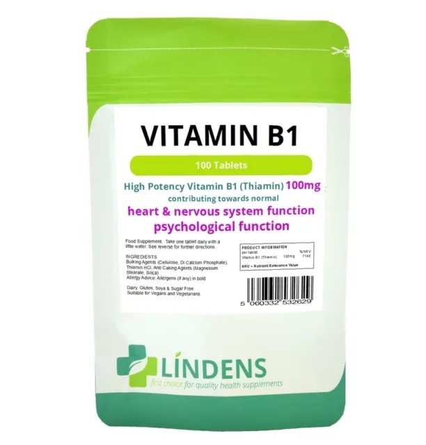 Lindens Vitamin B1 Thiamin 100 Tablets B 1 B-1 Thiamine Quality Supplement