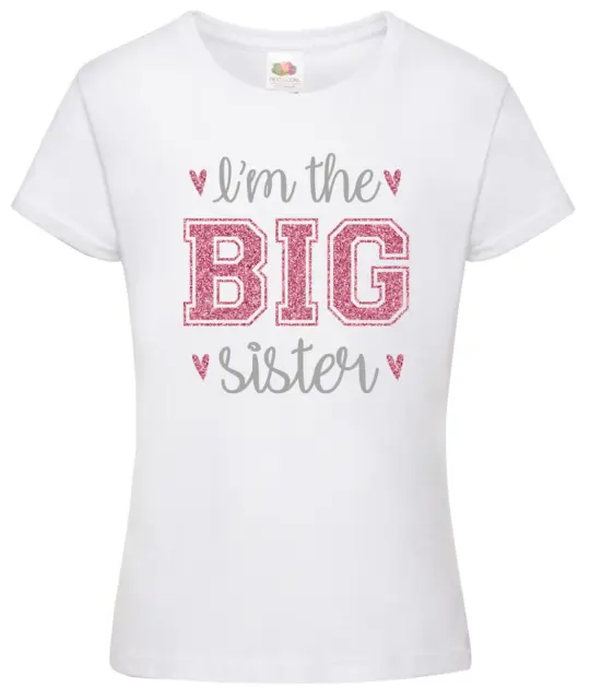 Pink Glitter Big Sister Girls T-Shirt - Printed Pregnancy Reveal Party Gift Top