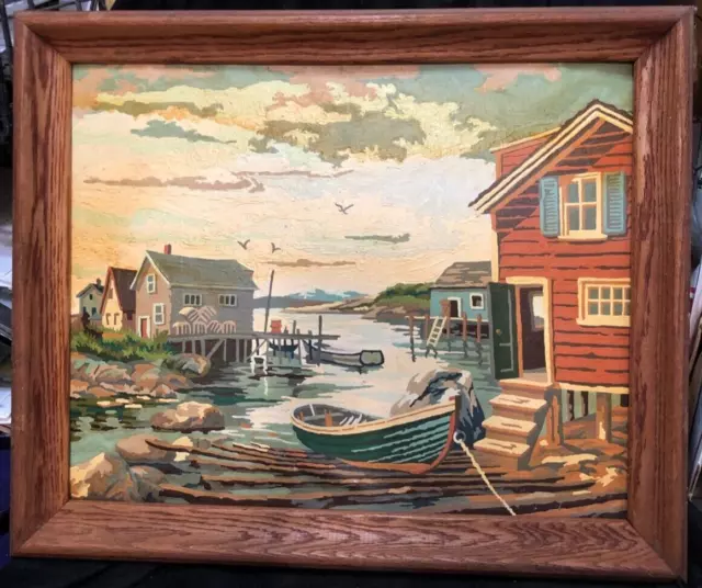 PBN Paint By Number Painting Waterfront Sea Shanty Rowboat Fishing Village Art