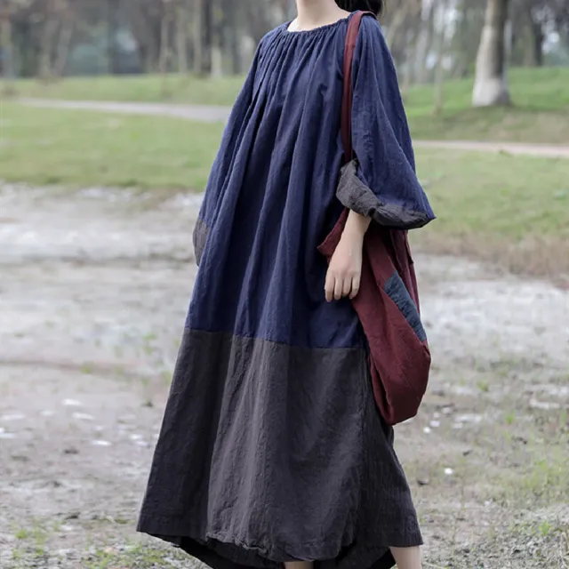 Womens Oversize Cotton Linen Dress Long Sleeves Mixed Colors Casual Gown Loose