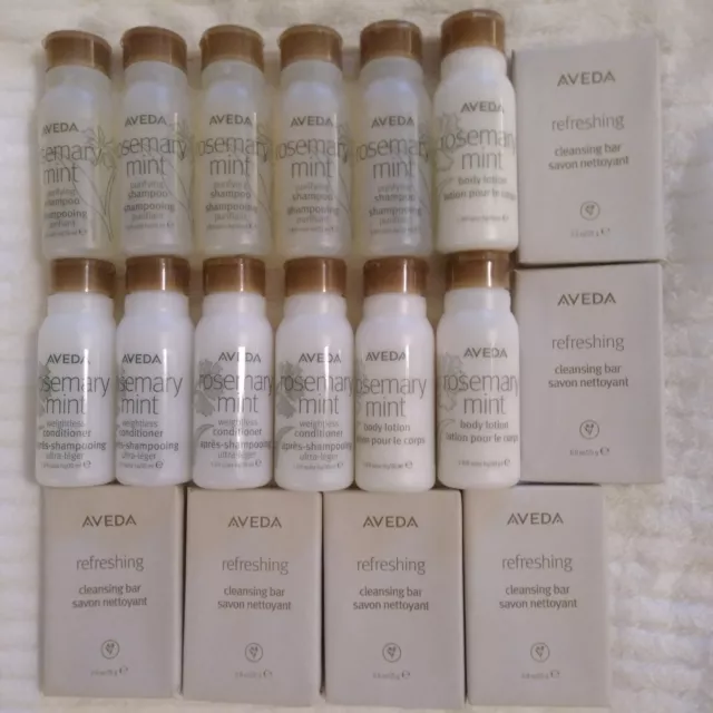 Aveda 18 piezas tamaño de viaje: 5 champú, 4 acondicionadores, 3 lociones corporales y 6 barras de jabón