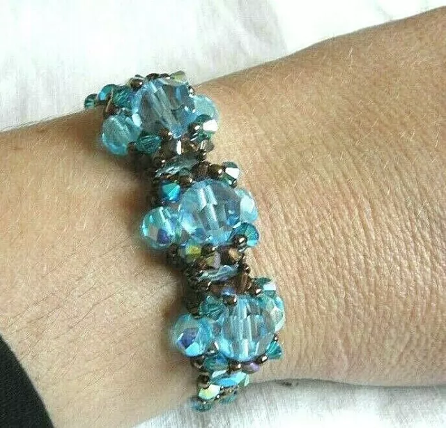 Bracelet perles SWAROVSKI, 18 cm, gros, bleu, turquoise, fait main, NEUF