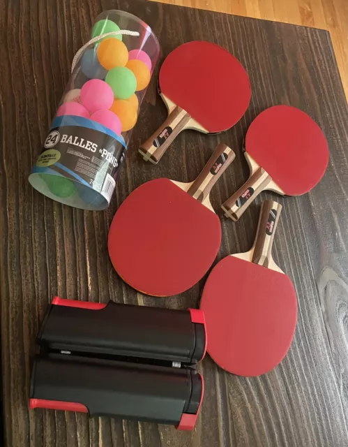 Lot of Ping Pong/Table Tennis Items 4 Paddles 24 Balls , Table Net