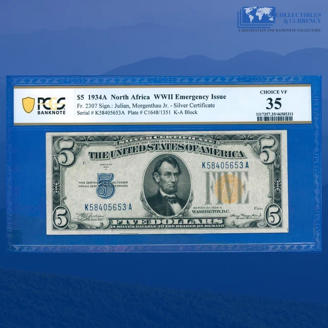 Fr.2307 1934A $5 Silver Certificate Yellow Seal "North Africa", PCGS 35 #05653
