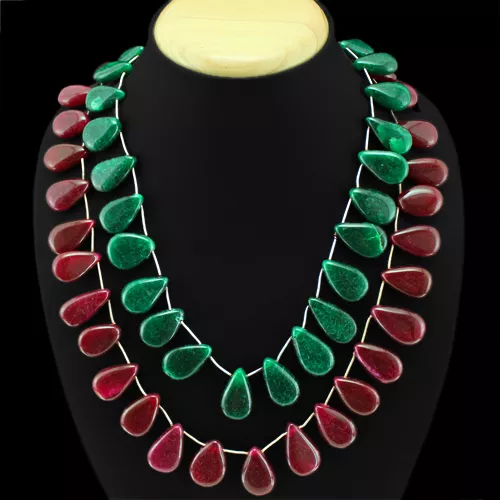 783.00 Cts Earth Mined 2 Line Red Ruby & Green Emerald Pear Beads Necklace (Rs)