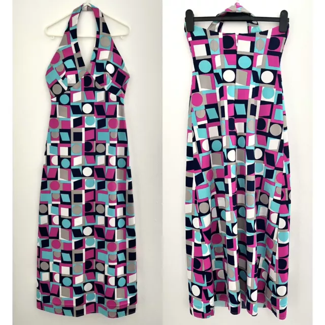 Vintage 1970s Turquoise Magenta Navy Geometric Print Disco Halter Dress Size 10