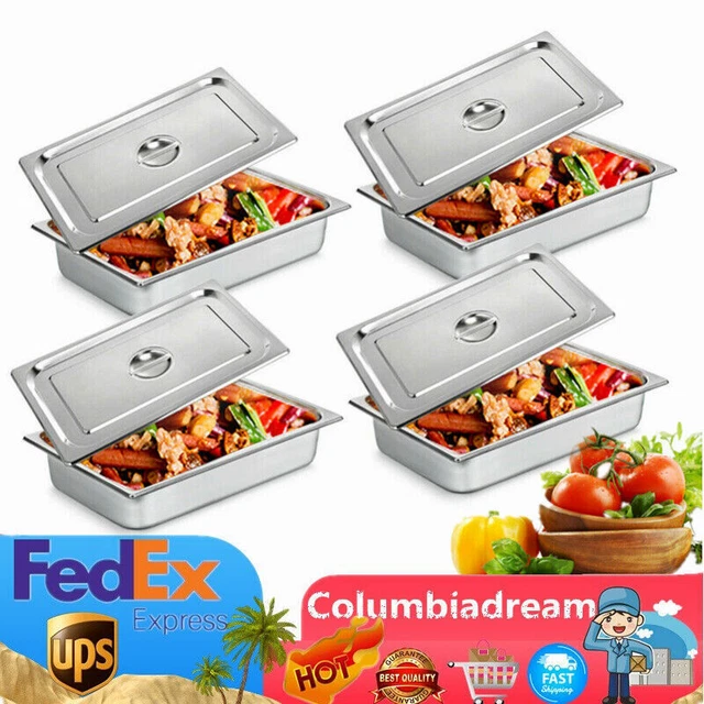 4X 4" Deep Full Size Stainless Steel Steam Table Pans w/ Lid Hotel Food Prep Pan