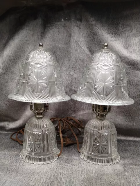 Pair of Vintage Cut Decorative  Glass Parlor Boudoir Table Lamps 13" Tall Works